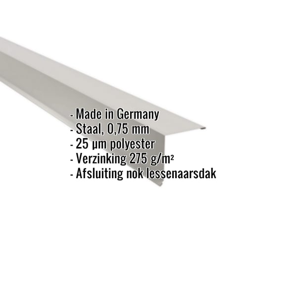 Lessenaarsdak nokafsluiting Zilver-Metallic, 0,75 mm staal met 25 µm polyestercoating, gegevens getoond