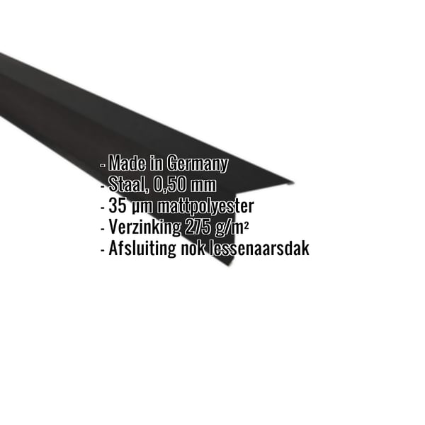 Lessenaarsdak nokafsluiting staal 0,50 mm zwart mat polyester, met productgegevens