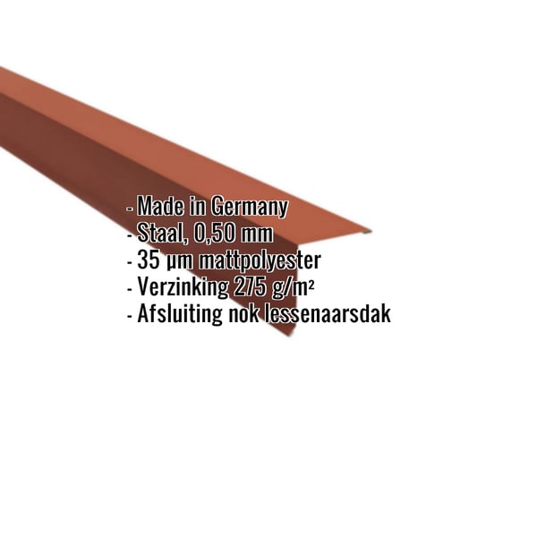 Lessenaarsdak nokafsluiting Terracotta mat polyester 0,50 mm, met ingebedde productgegevens zoals materiaal en dikte