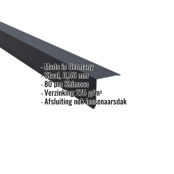 Lessenaarsdakafsluiting staal, 0,50 mm, Antracietgrijs RAL 7016, Shimoco coating en ingebedde specificaties