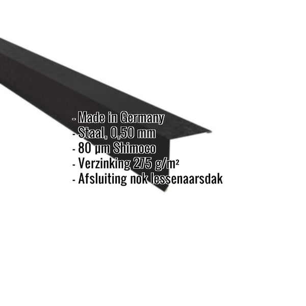 Lessenaarsdak nokafsluiting Gitzwart RAL 9005, 0,50 mm staal met 80 µm Shimoco coating, gegevens getoond