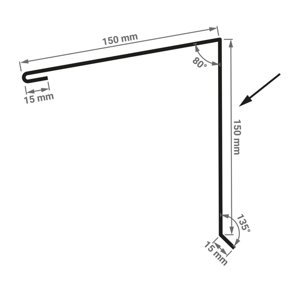 Technische tekening lessenaarsdak nokafsluiting met afmetingen 150 mm, 80 graden hoek en 15 mm omgezette rand