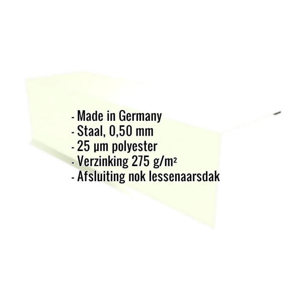 Lessenaarsdak nokafsluiting Grijswit RAL 9002 met ingebedde productdetails over materiaal, dikte en coating