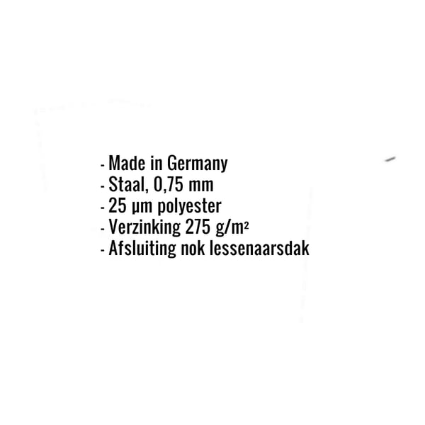 Infographic: Kerngegevens lessenaarsdakafsluiting staal, 0,75 mm, 25 µm polyestercoating, verzinking 275 g/m², Made in