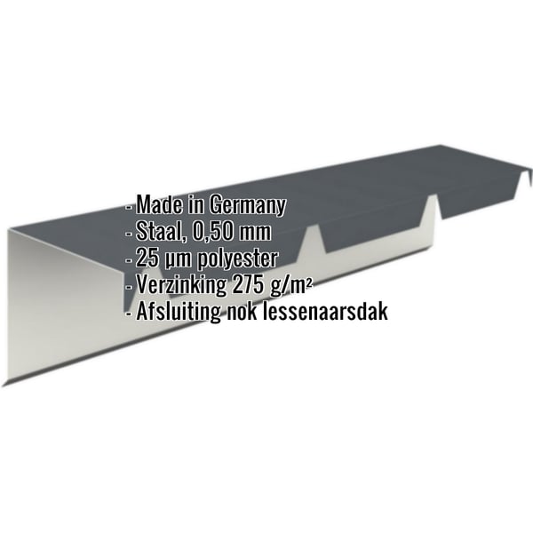 Lessenaarsdak nokafsluiting van staal, 0,50 mm, antracietgrijs RAL 7016, met ingebedde specificaties