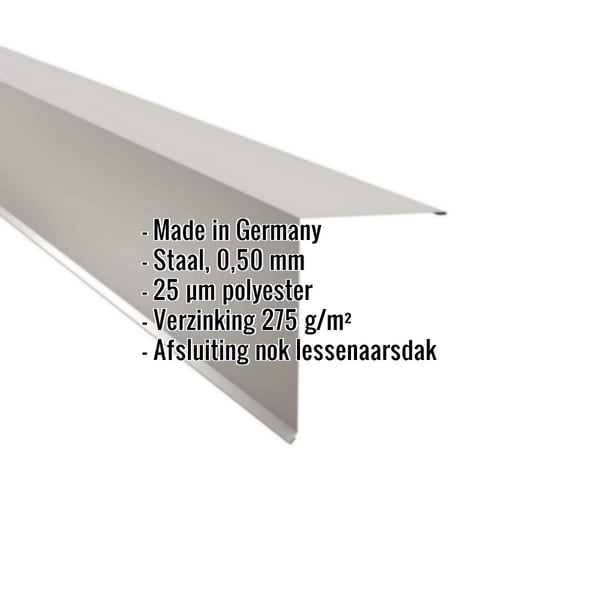 Lessenaarsdak nokafsluiting lichtgrijs RAL 7035, 0,50 mm staal, met productgegevens