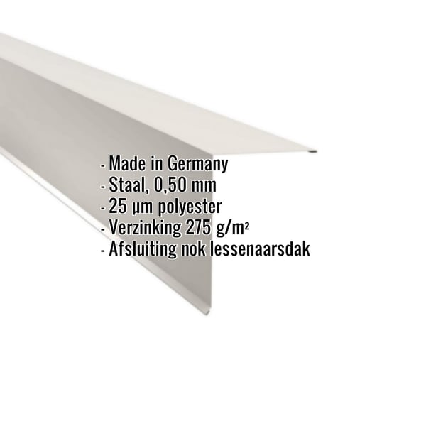 Lessenaarsdak nokafsluiting van staal, zuiverwit RAL 9010, met ingebedde productgegevens en herkomst Made in Germany