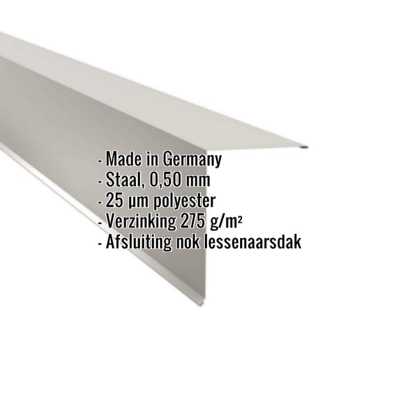 Lessenaarsdak nokafsluiting Grijswit RAL 9002, 0,50 mm staal, met ingebouwde specificaties