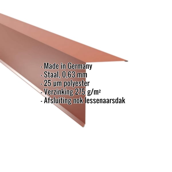 Lessenaarsdak nokafsluiting van staal, Koperbruin RAL 8004, 0,63 mm dikte, met ingebedde specificaties