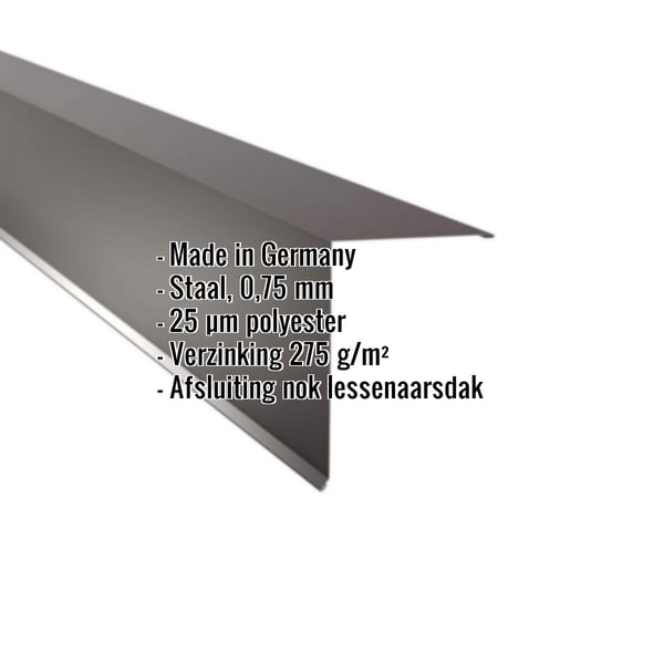 Lessenaarsdak nokafsluiting van staal, 0,75 mm, RAL 8017 Chocoladebruin, met productinformatie