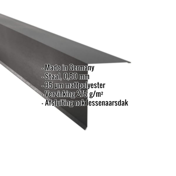 Lessenaarsdak nokafsluiting staal 0,50 mm matpolyester RAL 7024 met ingebouwde gegevens