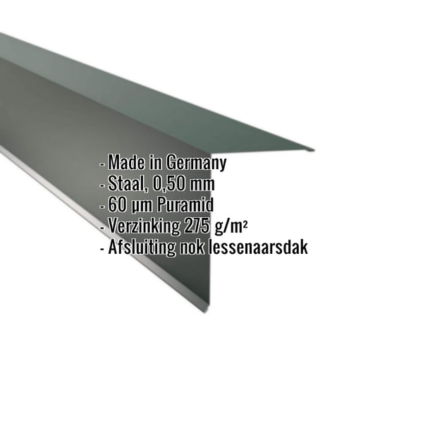 Lessenaarsdak nokafsluiting mosgroen RAL 6005 met productgegevens, staal 0,50 mm, 60 µm Puramid coating