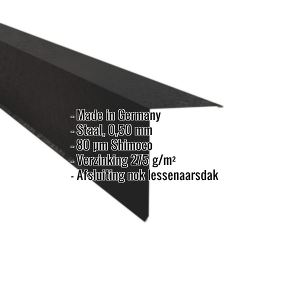 Lessenaarsdak nokafsluiting gitzwart RAL 9005 staal 0,50 mm Shimoco coating met ingebedde productdetails
