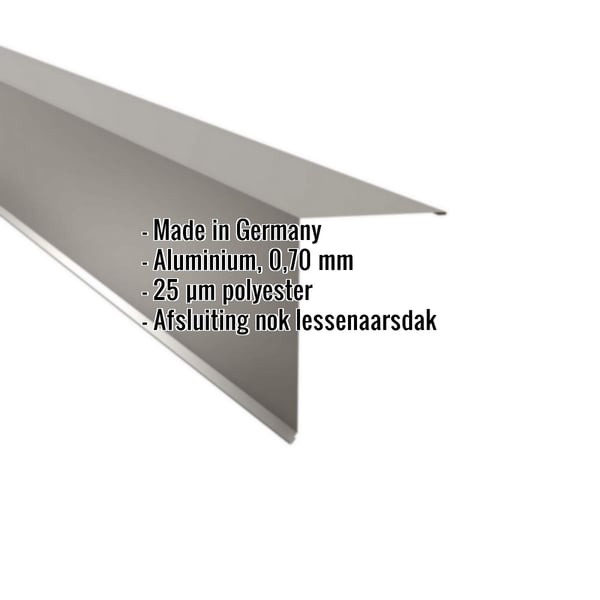 Lessenaarsdak nokafsluiting van aluminium, RAL9007, met ingebedde productgegevens en herkomstinformatie