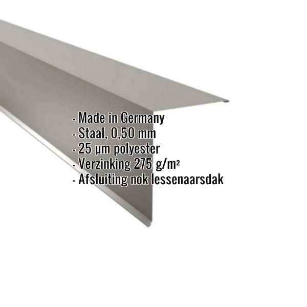 Lessenaarsdakafsluiting van staal in RAL9007, 0,50 mm dikte, met ingebedde productinformatie