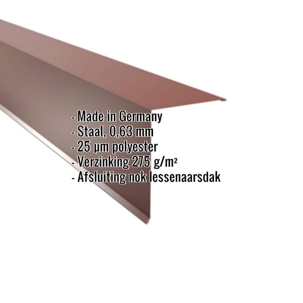 Lessenaarsdak nokafsluiting Roodbruin (RAL 8012) met productdetails zoals materiaal, dikte en coating