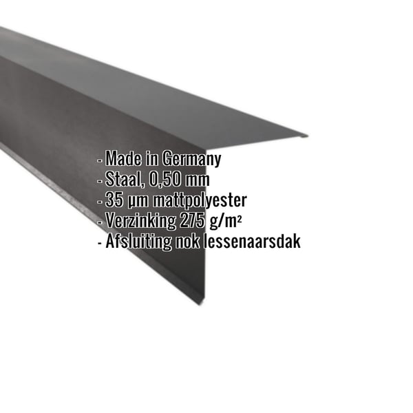 Lessenaarsdakafsluiting van staal, 0,50 mm, donkergrijs matpolyester gecoat, met ingebouwde gegevens