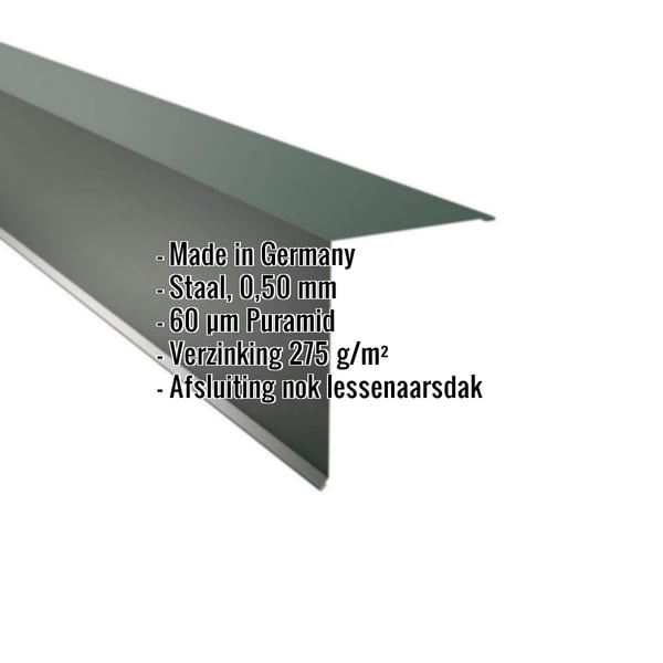 Lessenaarsdak nokafsluiting mosgroen (RAL 6005) staal 0,50 mm met Puramid coating, specificaties getoond