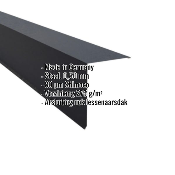 Lessenaarsdak nokafsluiting staal, Antracietgrijs RAL 7016, 0,50 mm dik, 80 µm Shimoco coating, met specificaties