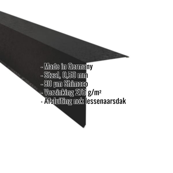 Lessenaarsdak nokafsluiting Gitzwart RAL 9005 staal 0,50 mm, 80 µm Shimoco coating, met ingebouwde gegevens