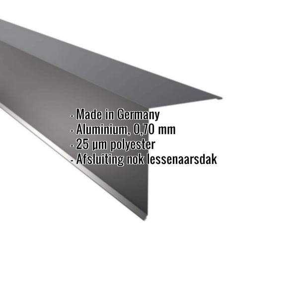 Lessenaarsdak nokafsluiting aluminium antracietgrijs, 0,70 mm, met ingebedde specificaties en "Made in Germany"