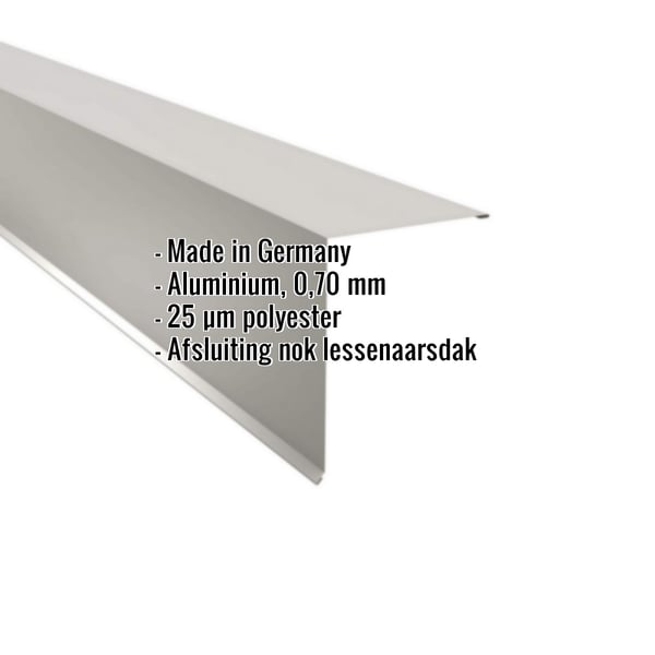 Lessenaarsdak nokafsluiting aluminium Zilver-Metallic met ingebedde gegevens over materiaal, dikte en coating