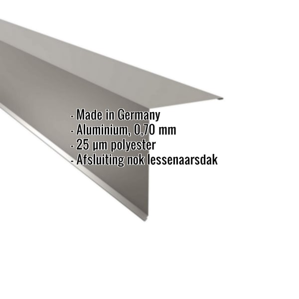 Lessenaarsdakafsluiting van aluminium in RAL9007, 0,70 mm, met ingebedde gegevens
