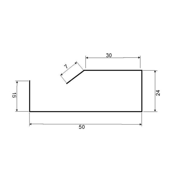 Technische tekening van de nokvorst met afmetingen 50x24x15x7 mm