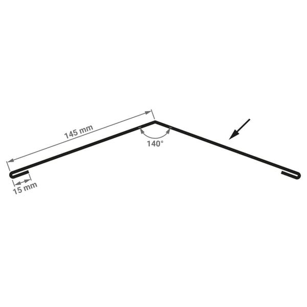 Technische tekening nokstuk vlak met afmetingen 145 mm, 15 mm en hoek 140 graden