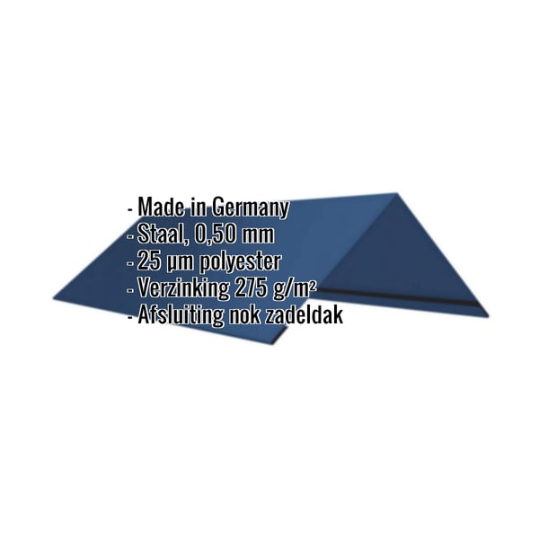 Nokvorst vlak Gentiaanblauw (RAL 5010) met ingebedde productgegevens zoals materiaal, dikte en coating