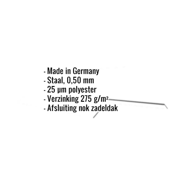 Infografiek: Kerngegevens nokstuk plat, staal 0,50 mm, 25 µm polyestercoating, verzinking 275 g/m², Made in Germany