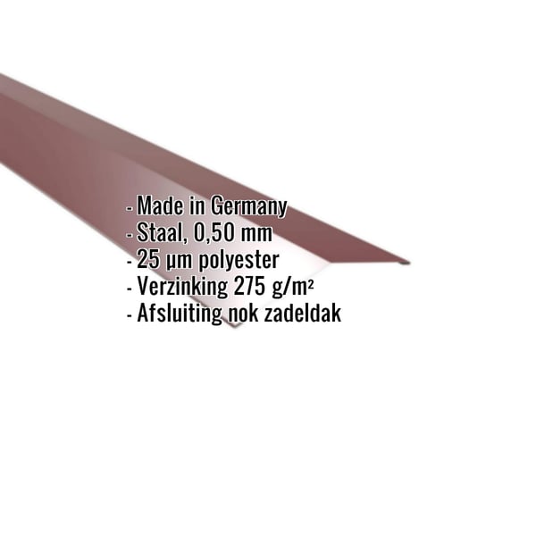 Nokstuk plat Wijnrood (RAL 3005) met ingebedde productgegevens over materiaal, dikte en coating