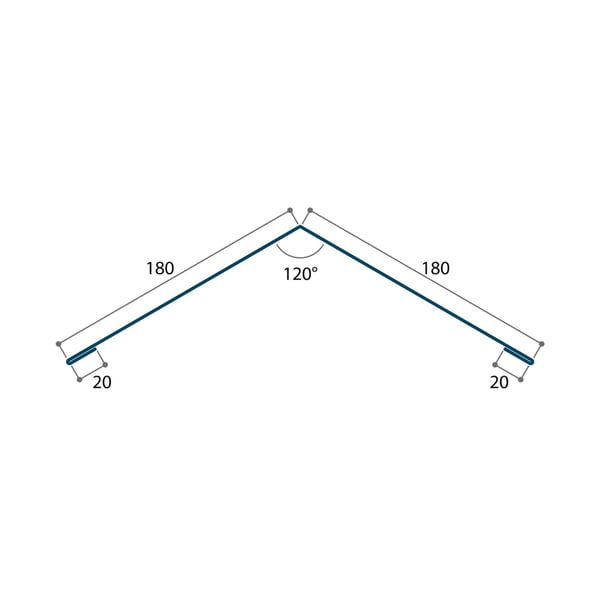Technische tekening nokvorst plat met afmetingen 180x180 mm, 120° hoek en 20 mm druiprand