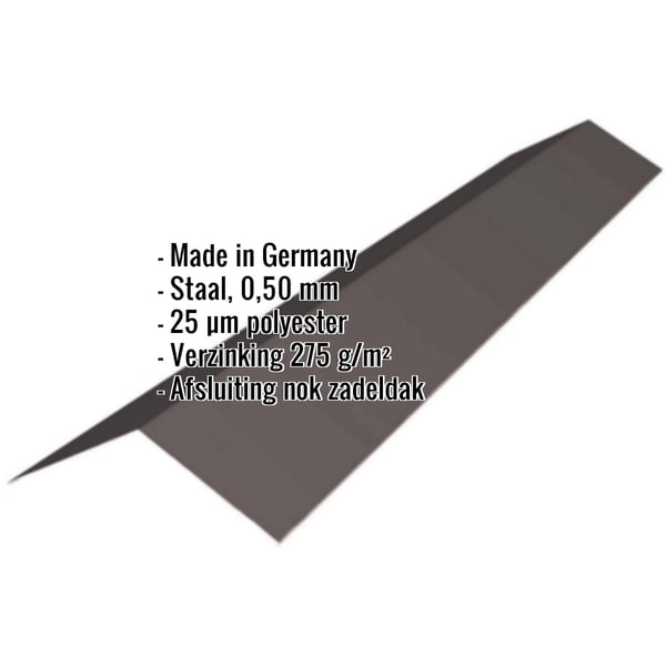 Nokvorst vlak, Grijsbruin RAL 8019, met ingebedde productgegevens over materiaal, dikte en coating