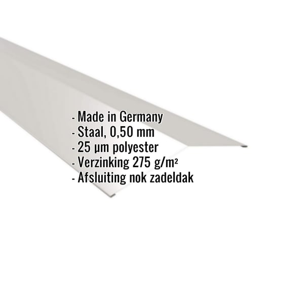 Nokvorst vlak, lichtgrijs RAL 7035, met ingebedde productgegevens over materiaal en coating