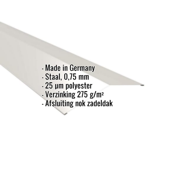 Nokstuk plat Grijswit (RAL 9002) met ingebedde productgegevens over materiaal, dikte en coating
