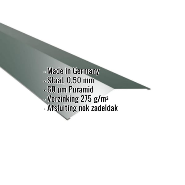 Nokvorst plat mosgroen, 0,50 mm staal, met ingebedde productgegevens over materiaal en coating