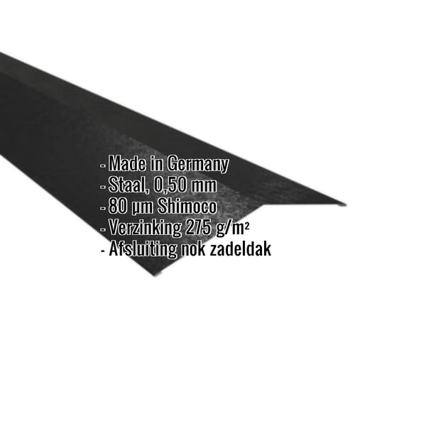 Nokvorst plat Gitzwart RAL 9005, 0,50 mm staal, Shimoco coating, productgegevens weergegeven