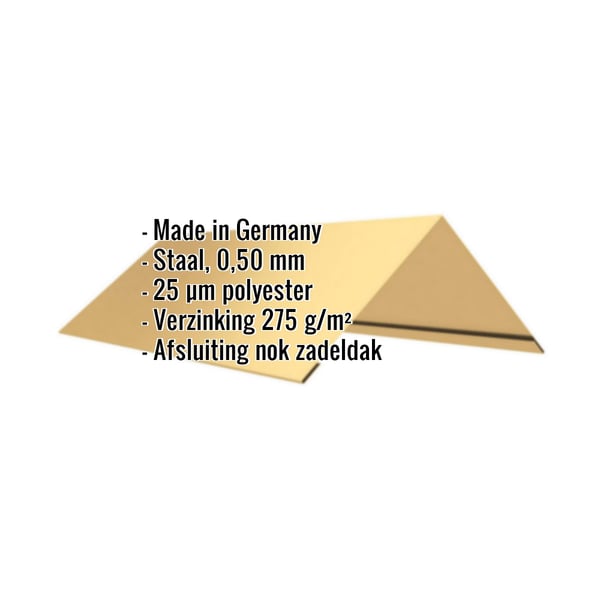 Nokvorst vlak Zandgeel (RAL 1002) met ingebedde specificaties voor materiaal, dikte en coating