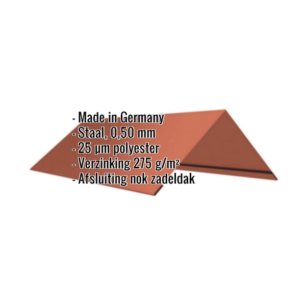 Nokvorst vlak Koperbruin met ingebedde specificaties: staal 0,50 mm, 25 µm polyester, verzinking 275 g/m²