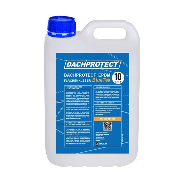DACHPROTECT BlueTek oppervlaklijm 10 liter jerrycan, wit met blauw etiket en blauwe dop, infografiek
