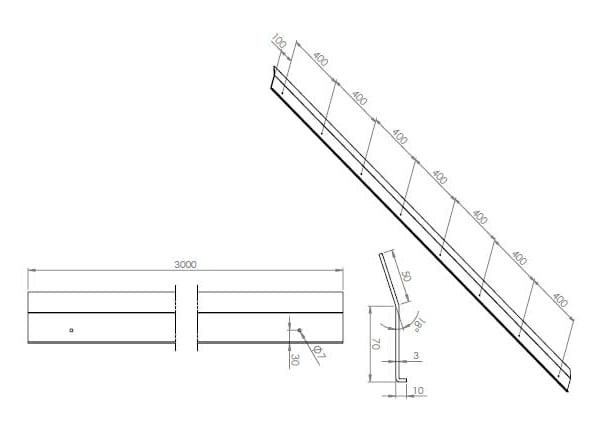 Technische tekening van een dakgoot van aluminium, blank, met afmetingen