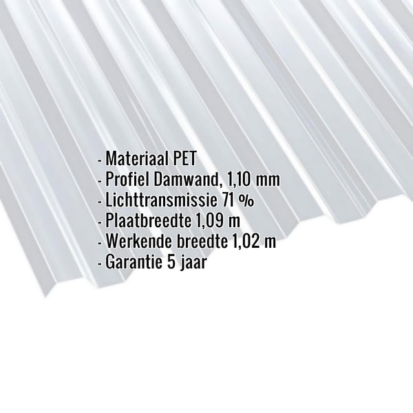 PET damwandplaat 70/18, 1,10 mm, helder, met ingebedde productgegevens