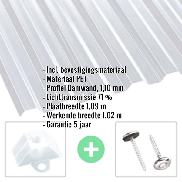 Helder PET damwandplaat 76/18 met ingebedde productdetails en montageaccessoires