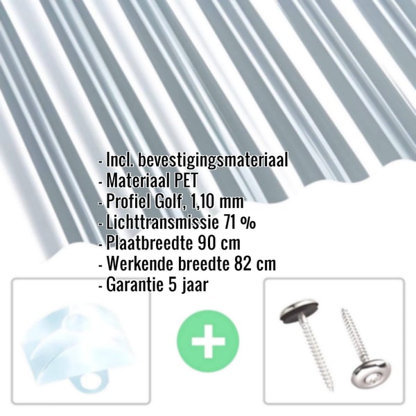 PET golfplaat 76/18, 1,10 mm, helder, met productgegevens en bevestigingsmateriaal