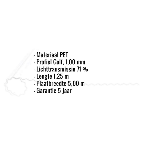 PET golfplaat 76/18, 1,00 mm, lichtblauw getint, met ingebedde specificaties voor materiaal, profiel, lichttransmissie en