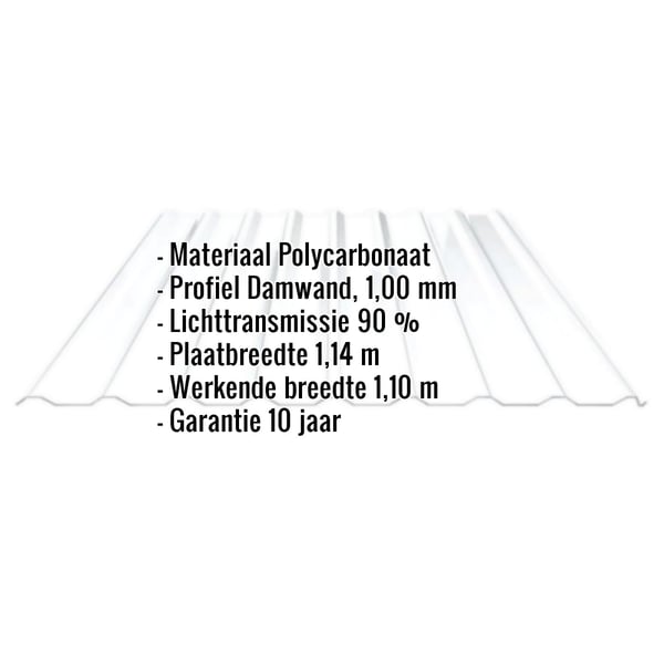 Polycarbonaat damwandplaat helder, met ingebedde specificaties voor materiaal, profiel, lichttransmissie en garantie