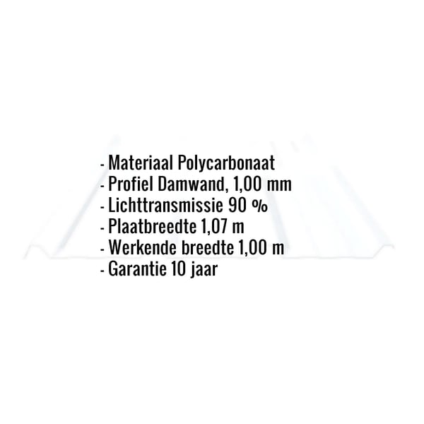 Infographic: Kerngegevens van de polycarbonaat damwandplaat, 1,00 mm dik, met lichttransmissie 90 %