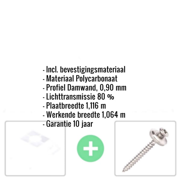 Polycarbonaat damwandplaat 76/18 opaal, infografiek met specificaties en bevestigingsmateriaal