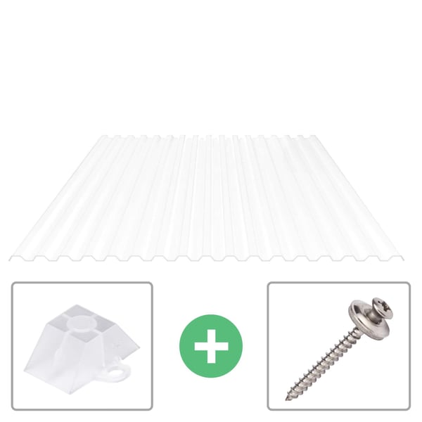 Polycarbonaat damwandplaat 76/18 opaal, 0,90 mm, met afstandhouder en schroef